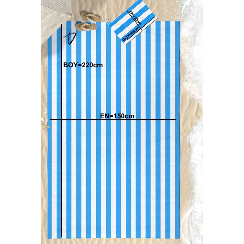 Mavi Çizgili Dijital Baskılı 150x220 Cm Aile Boyu Plaj Havlusu Kum Geçirmez