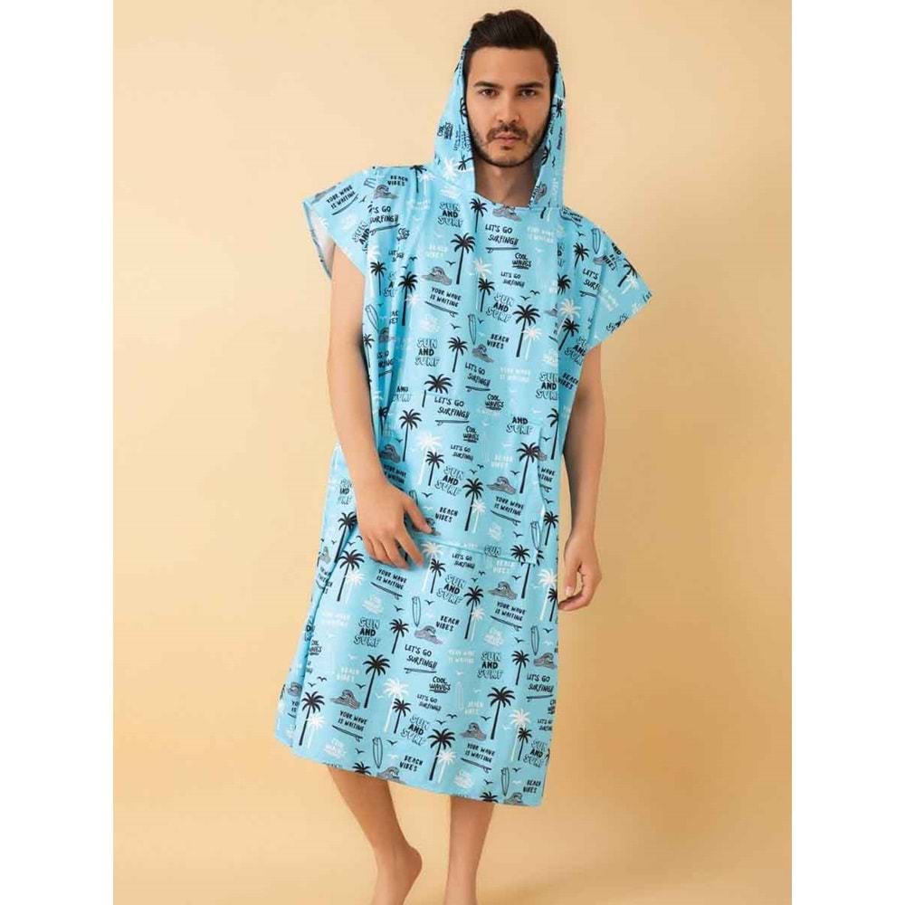 Beach Vibes Desen Yetişkin Sörf Yazlık Panço Kapüşonlu Plaj Havlusu Plaj Elbisesi S-M Beden